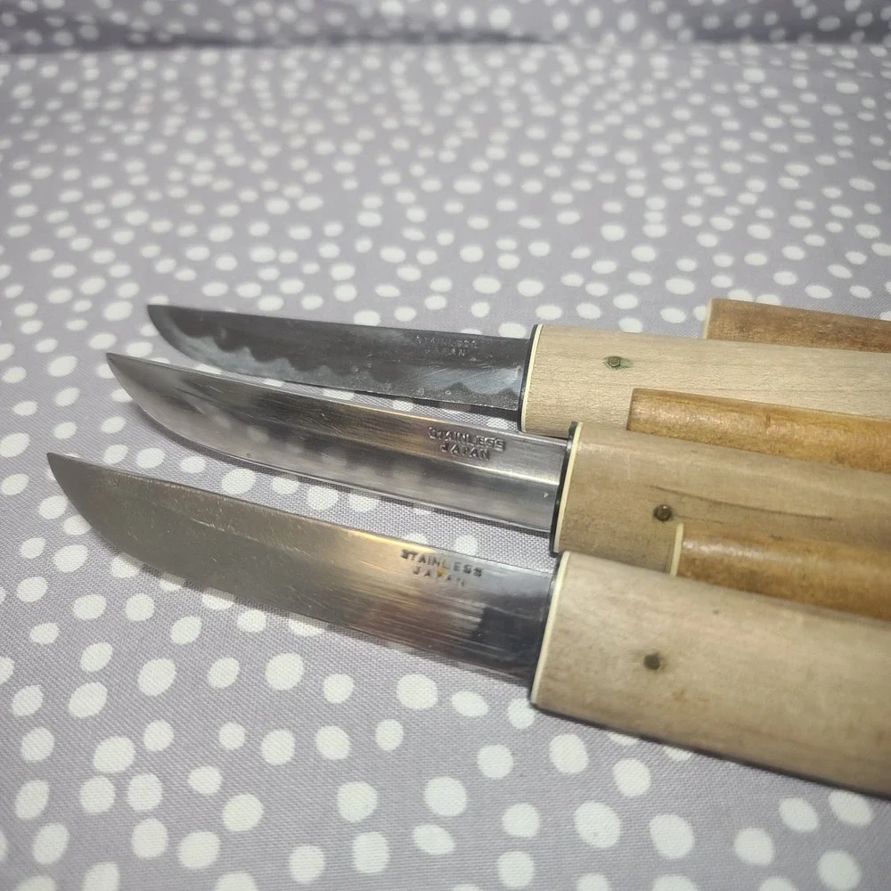 3 Sushi Knives Japan Stainless Steel‎ 3 inch blade Wooden Sleeve Fish Vintage